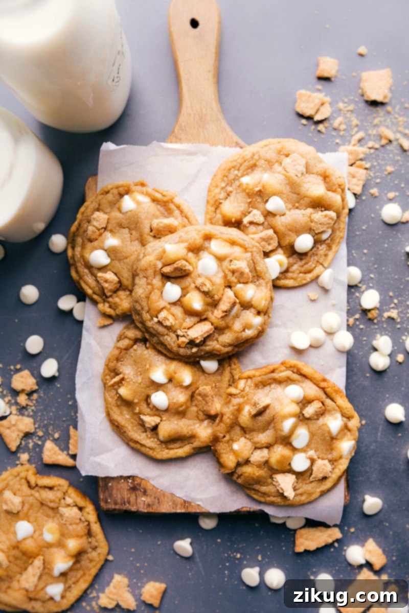 These yummy Graham Cracker Cookies are buttery, sweet, soft, and chewy! Recipe via ChelseasMessyApron #dessert #best #quick #easy #simple #yummy #treat #chocolatechips #whitechocolate #grahamcracker #cookies An overhead shot of freshly baked Graham Cracker Cookies arranged neatly on a serving tray, ready to be enjoyed.