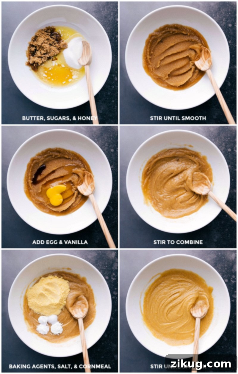 Golden Cornmeal Cookies 3 Mixing wet ingredients, including butter, sugar, and honey, until smooth.