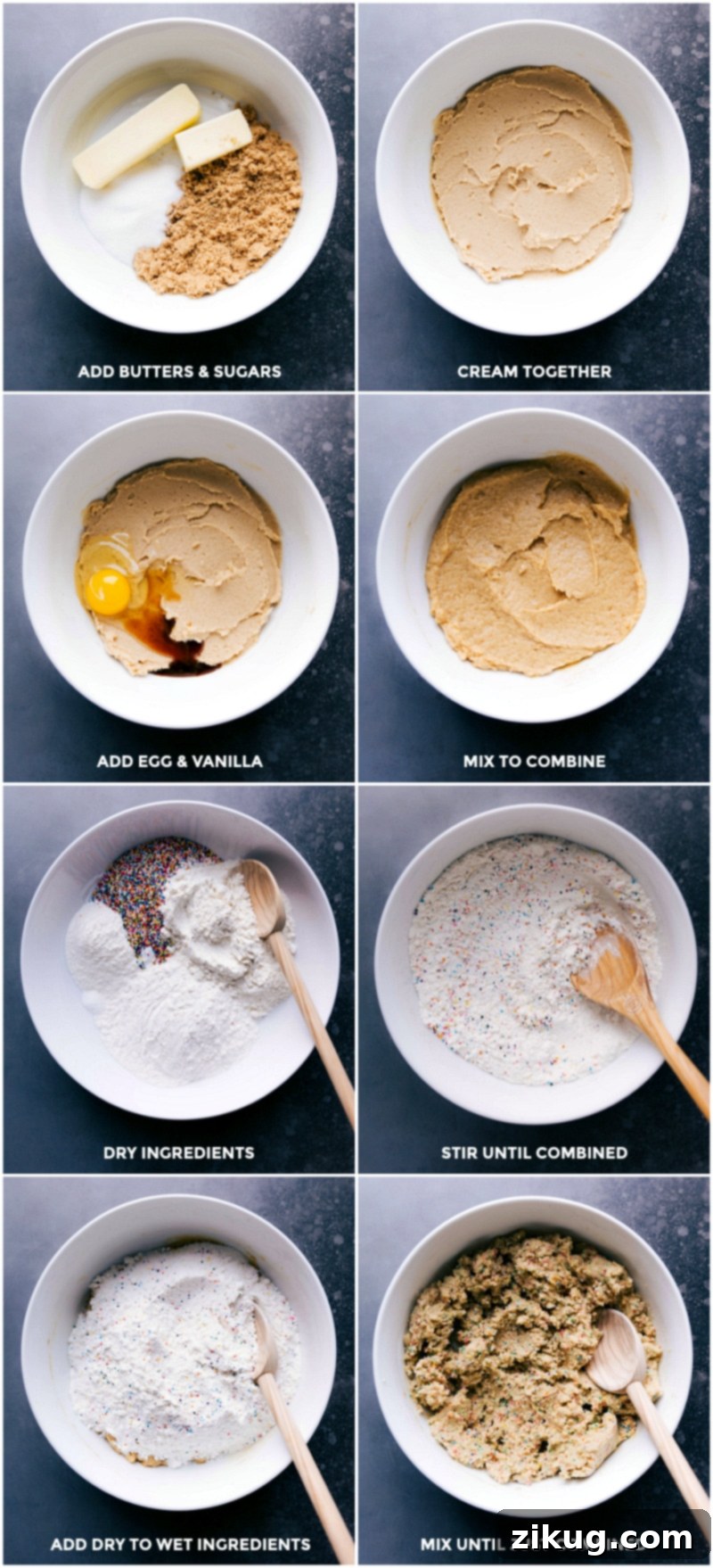 Wet and dry ingredients being prepped and expertly mixed together in a large mixing bowl, a key step in creating the delicious cookie dough.