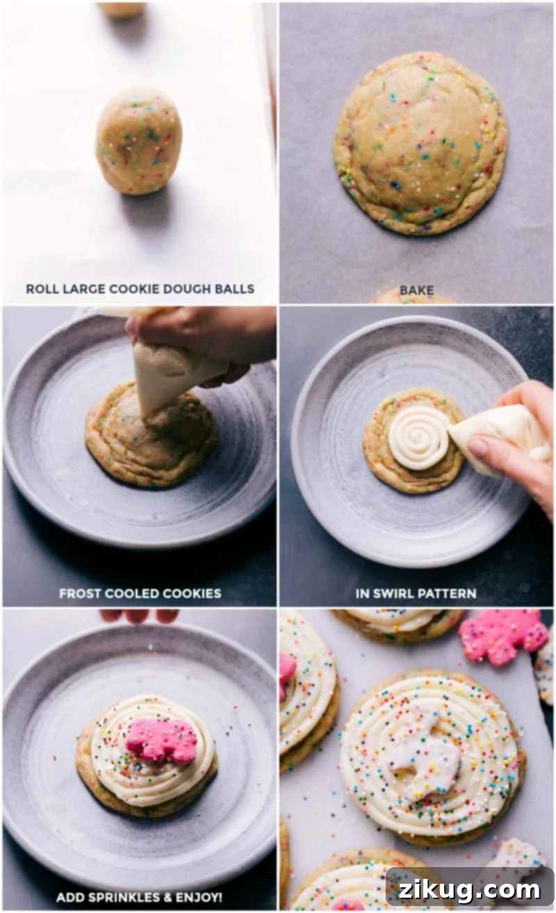 The delightful process of making Circus Animal Cookies: freshly baked cookies, expertly piped frosting, and classic animal crackers being added on top, creating an adorable and delicious finished product.