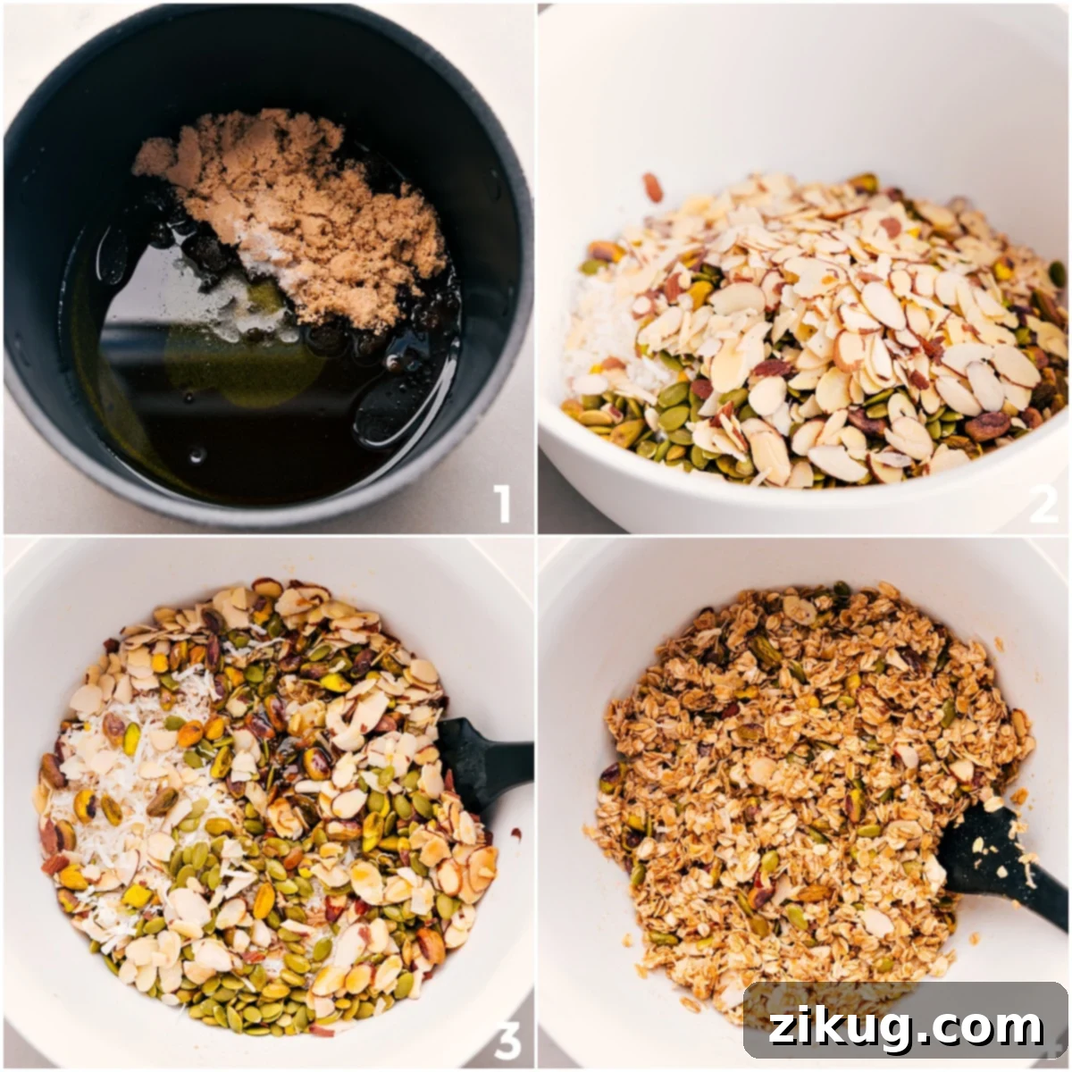 How To Make Homemade Granola The process of making homemade granola is shown in two steps: first, combining maple syrup, olive oil, brown sugar, and salt in a saucepan and heating until the sugar dissolves; second, adding all the remaining dry ingredients like oats, nuts, coconut, and pepitas to a large bowl and tossing everything together.