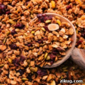 Homemade Granola 2 A close-up shot of the finished homemade granola, rich in color with visible oats, nuts, and dried cranberries, piled high and ready to serve.