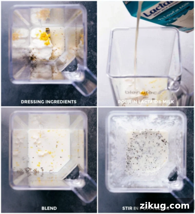 Process shot showing the ingredients for the lemon poppy seed dressing being blended in a small blender.