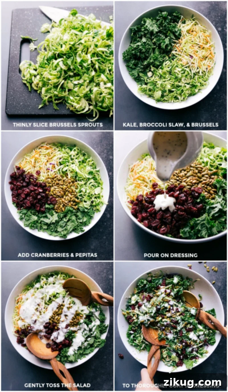 Process shots demonstrating the assembly of Costco Kale Salad: adding shredded Brussels sprouts, kale, broccoli slaw, cranberries, and pepitas to a bowl, mixing them, and pouring dressing over.