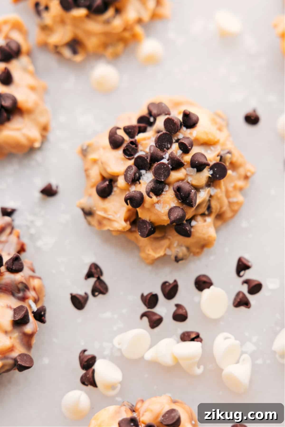 Easy No-Bake Avalanche Cookies No-bake Avalanche Cookies with chocolate chips sprinkled throughout, showcasing their delicious texture.