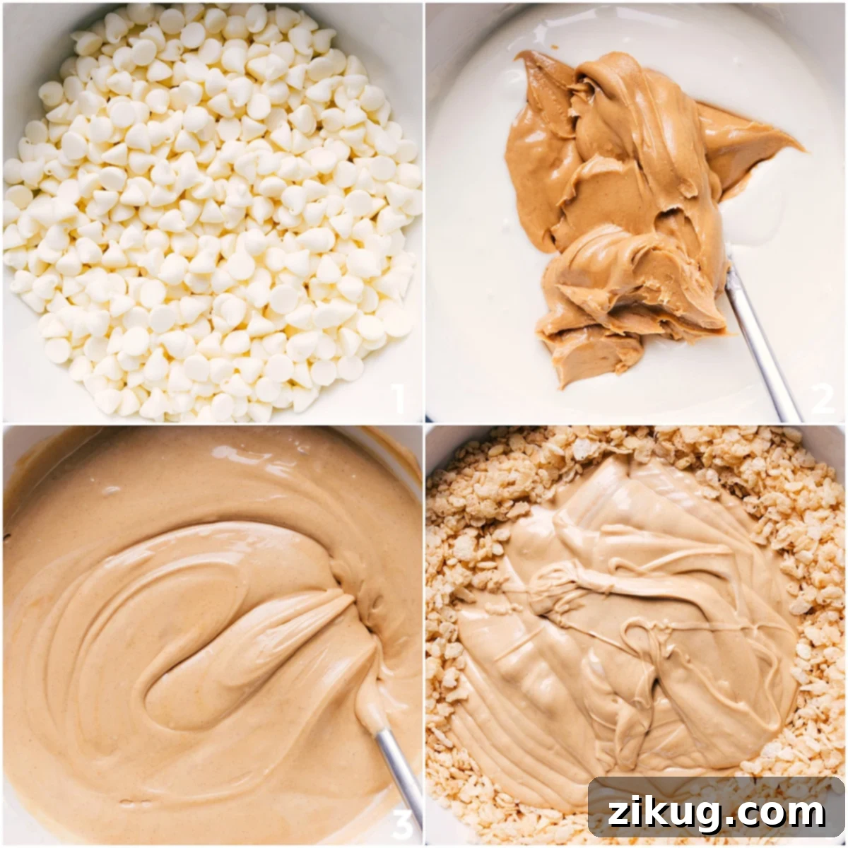 Preparing the Base for Avalanche Cookies Melted white chocolate and creamy peanut butter being combined, ready to be poured over crispy rice cereal for Avalanche Cookies.