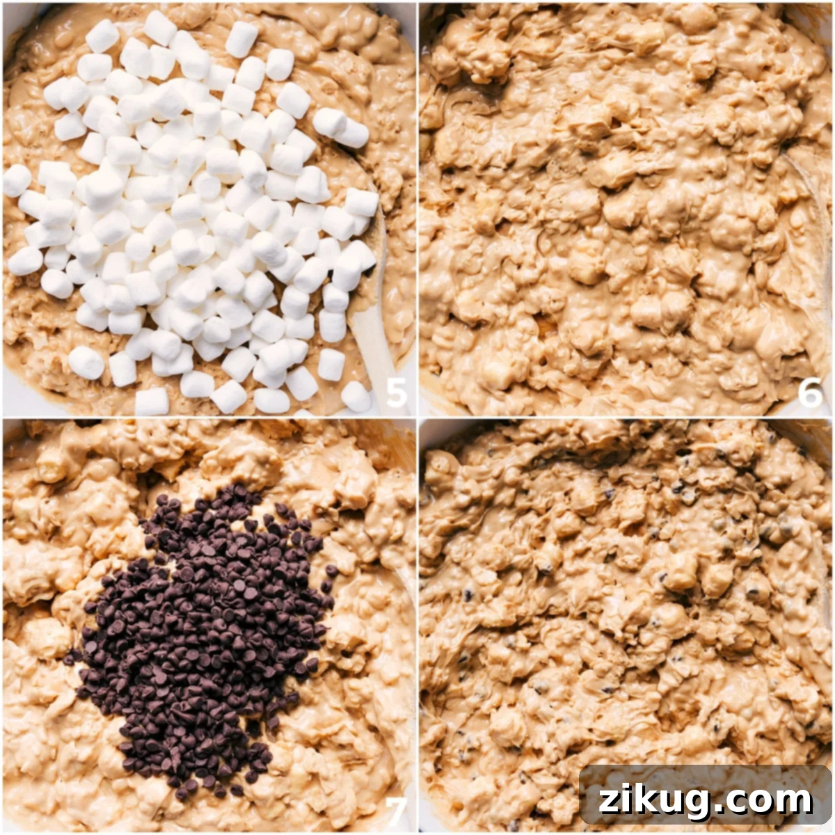 Mixing Ingredients for No-Bake Avalanche Cookies Adding mini marshmallows and chocolate chips to the coated cereal mixture for Avalanche Cookies.