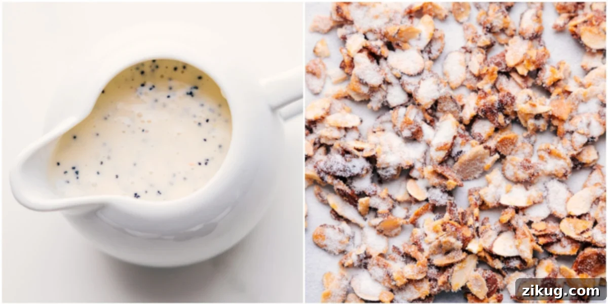 The Best Poppyseed Salad Recipe A glass jar filled with a creamy, pale yellow poppyseed dressing, ready to be drizzled, placed next to a small bowl of golden, crunchy candied almonds on a light wooden surface.