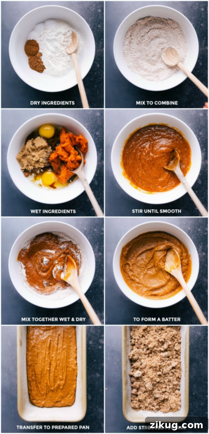 Combining wet and dry ingredients, filling the pan, and adding streusel topping.