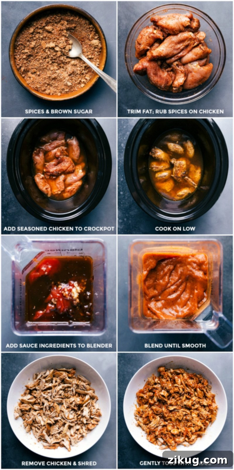 A step-by-step visual guide to making Chipotle Chicken Tacos, including preparing the spice rub, adding seasoned chicken to the crockpot, blending the honey-chipotle sauce, shredding the cooked chicken, and finally coating it with the homemade sauce.