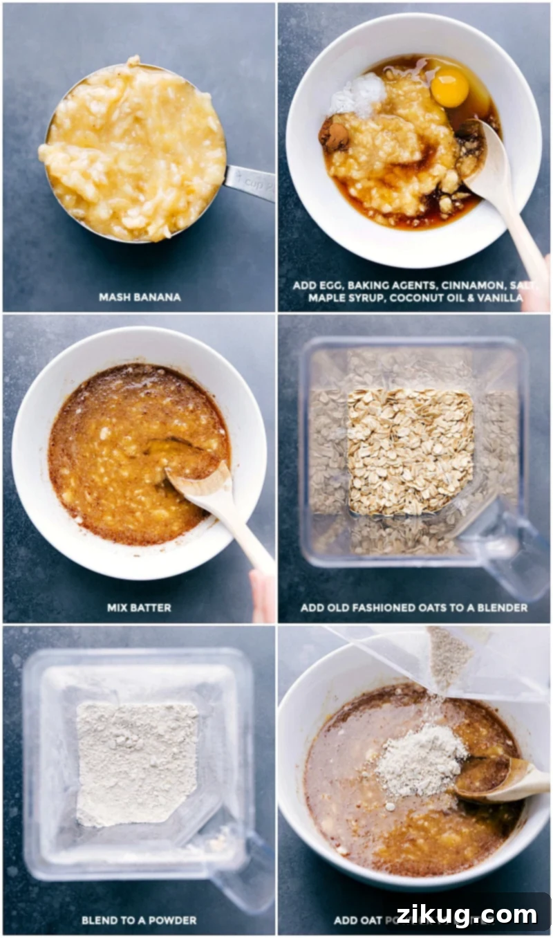 Preparing Banana Muffin Batter - Mixing Ingredients and Blended Oats Combining all ingredients in a bowl, mixing together, blending oats, and batter.