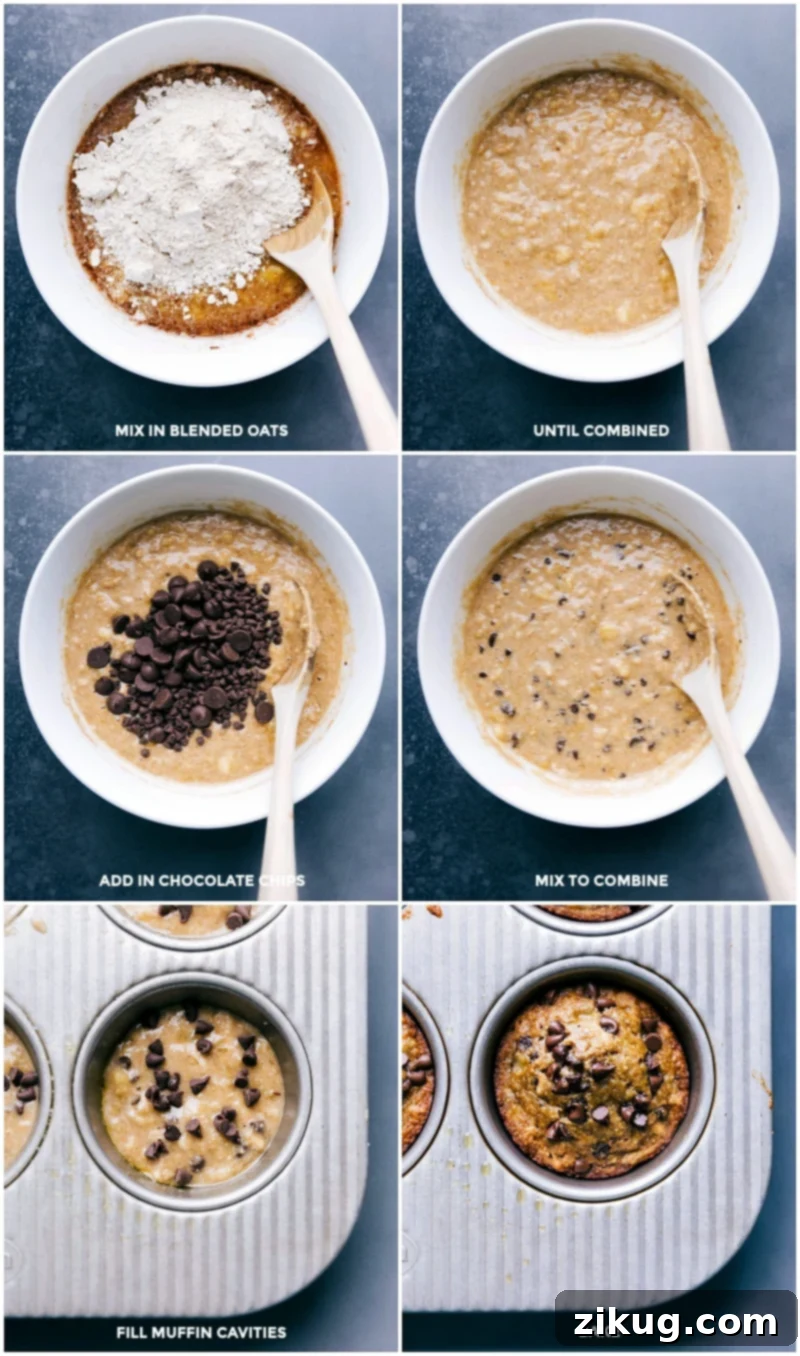 Making Gluten-Free Banana Muffins: Adding Oats and Chocolate Chips, Filling Tins with Batter Adding oats and chocolate chips to the bowl, stirring everything to combine, and filling muffin tins with the delicious gluten free banana muffin batter.