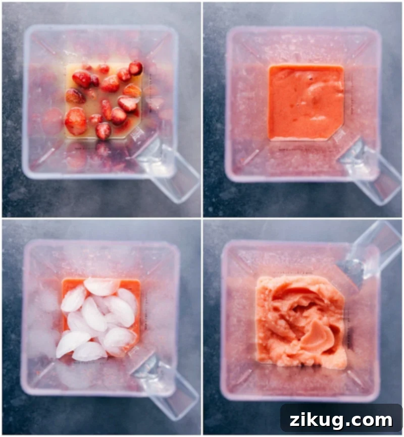 Sequential steps showing ingredients added to a blender, blended, then ice added, and blended again to a smooth consistency. Two sequential images showing the process of making lemon berry slush. First, ingredients are added to a blender. Second, ice is added to the same blender for a final blend, demonstrating the hands-on preparation.