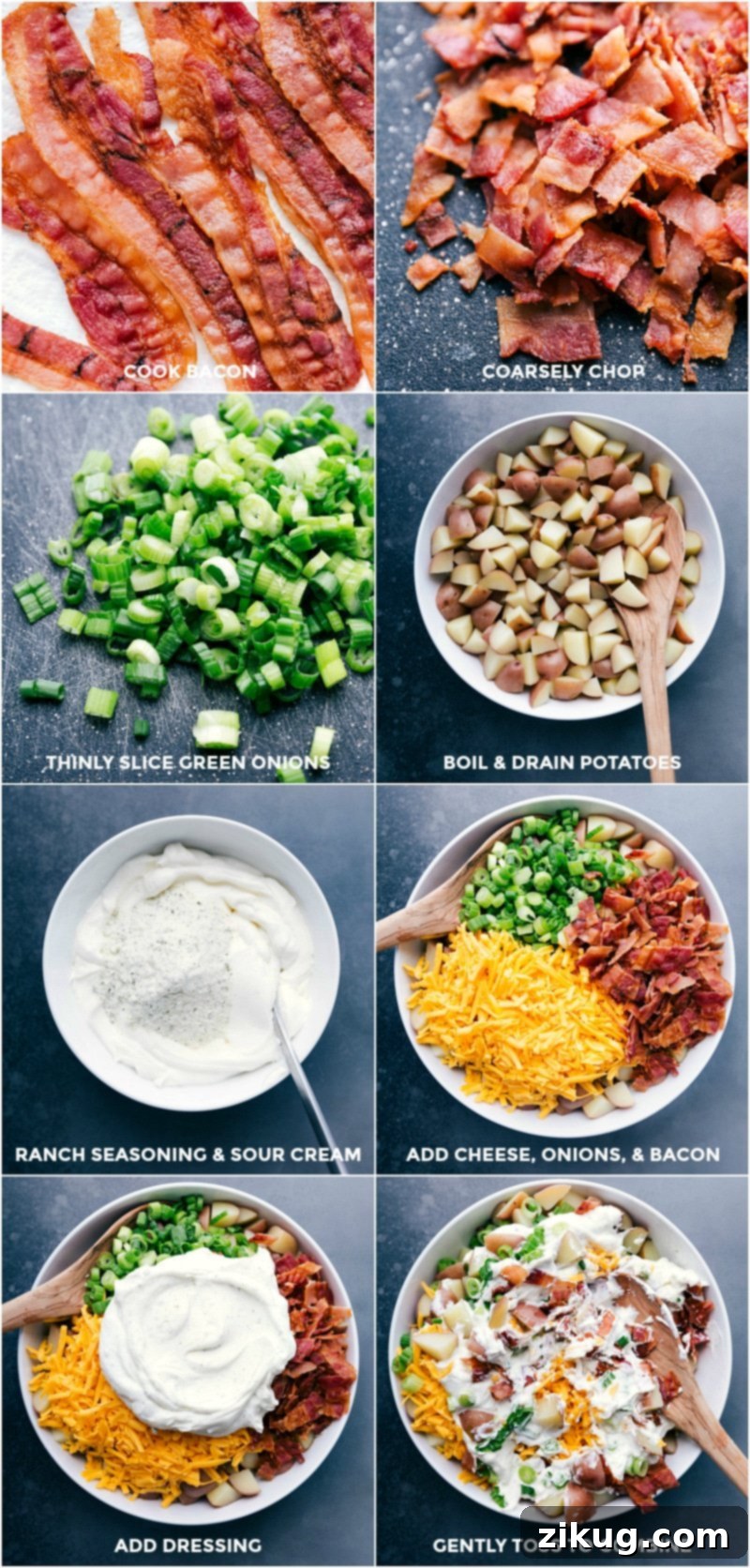 Step-by-step process of making bacon ranch potato salad: chopping bacon, slicing green onions, boiling red potatoes, preparing creamy ranch dressing, and finally tossing all ingredients together in a large bowl.