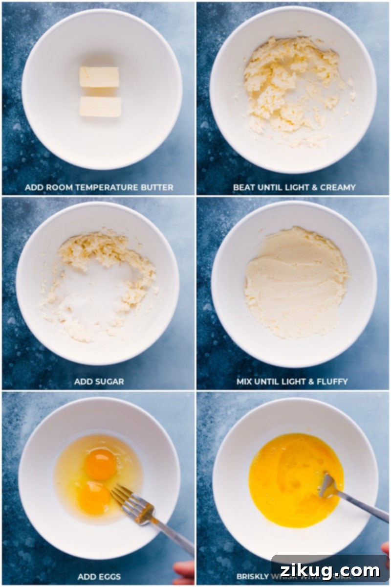 Process shots showing butter being beaten until light, followed by sugar being mixed in, and then eggs briskly whisked in a separate bowl.