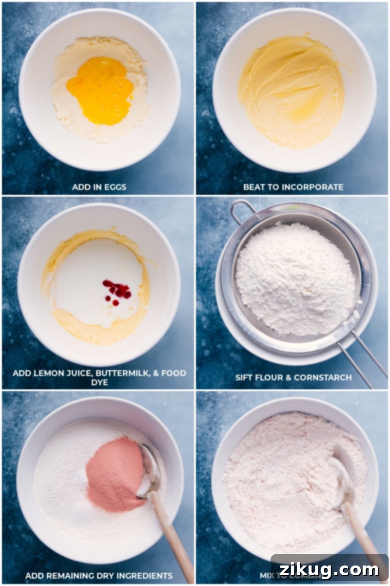 Process shots showing eggs beaten into the butter mixture, followed by lemon, buttermilk, and optional food dye being added. Separately, flour and cornstarch are sifted, then remaining dry ingredients are added and mixed to combine.