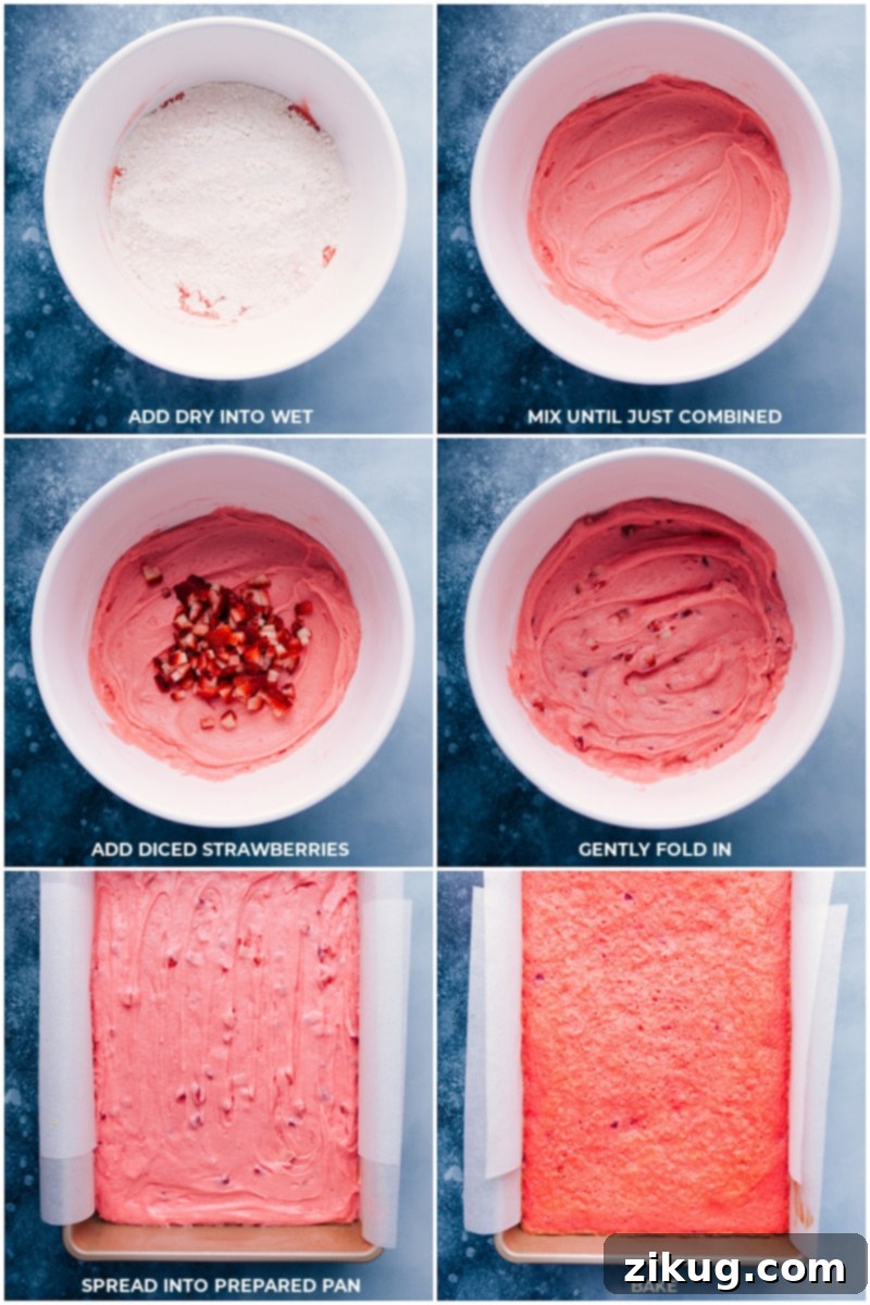 Process shots showing dry ingredients being added to wet ingredients, mixed briefly, then diced berries gently folded in, and finally the batter spread into a pan and baked.