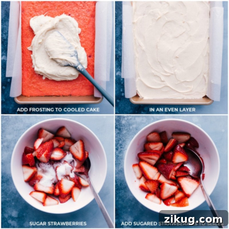 Process shots illustrating frosting being added to the cooled cake and spread in an even layer, and sugared berries being prepared by adding sugar to sliced strawberries.