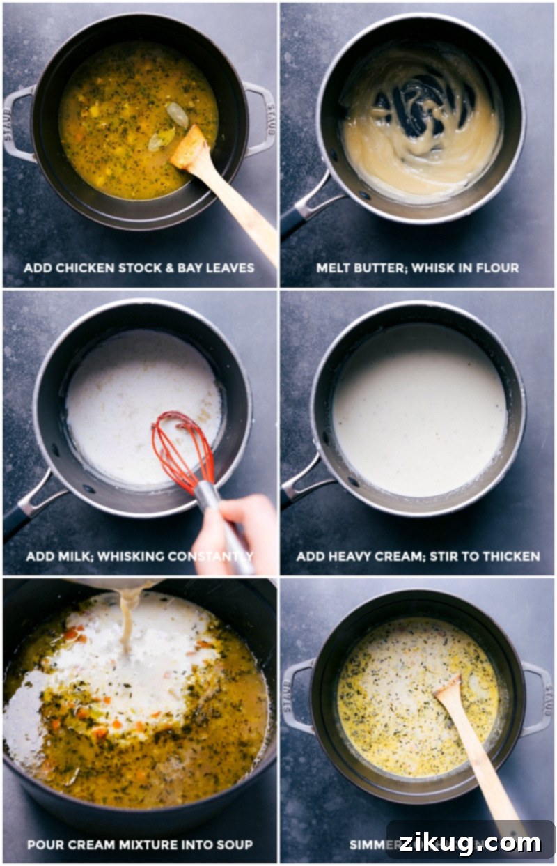 Crafting the Creamy Roux for Chicken Pot Pie Soup A creamy, thick sauce being prepared in a saucepan, essential for the rich texture of the homemade chicken pot pie soup.