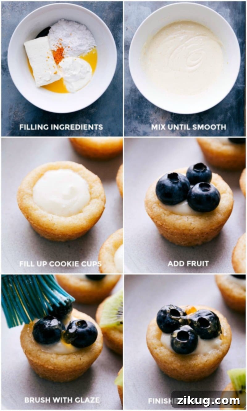 Step-by-Step Mini Fruit Tarts Recipe: Filling, Assembly, and Glazing The process of assembling mini fruit tarts: mixing the creamy filling, spooning it into baked cookie cups, topping with fresh, vibrant berries, and applying a glossy glaze.