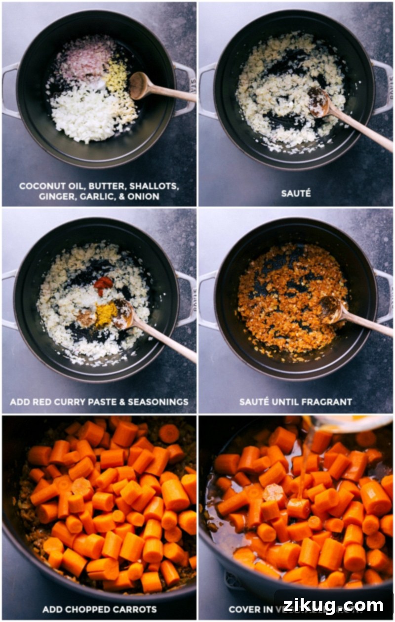 Making Carrot Soup: Sautéing Aromatics and Adding Carrots with Broth Onion, garlic, and shallots being sautéed in a pot, with seasonings added followed by chopped carrots and vegetable broth for the carrot soup recipe.