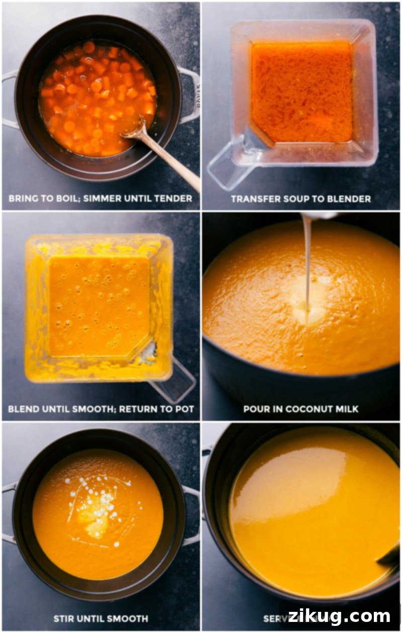Blending and Finishing Carrot Soup with Coconut Milk Ingredients from the pot transferred to a blender for blending, poured back into the pot, with coconut milk added and everything mixed together.