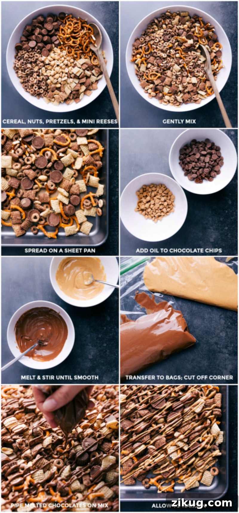 Crafting Perfection - Essential Ingredients for Your Chocolate Peanut Butter Snack Mix A close-up view of snack mix ingredients, including cereals, peanuts, and pretzels, beautifully arranged and ready for the melted chocolate and peanut butter drizzle.