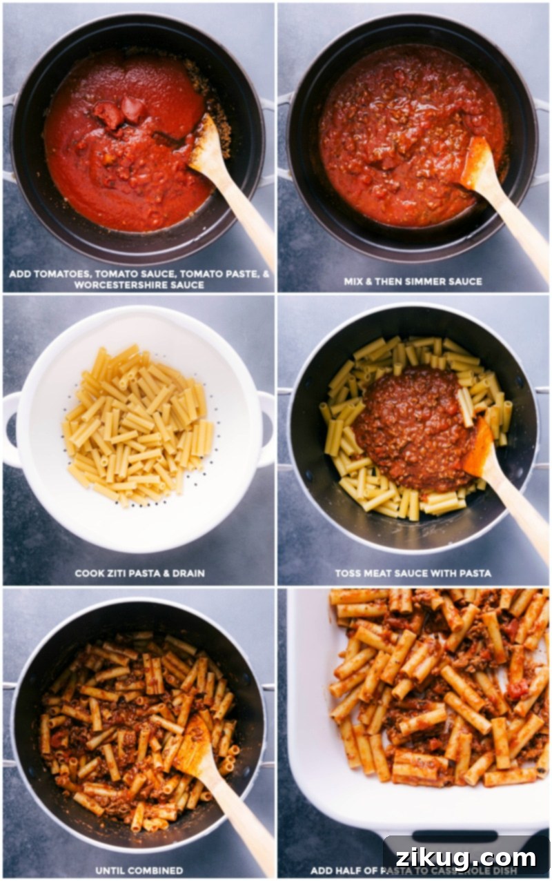 Preparing Baked Pasta Dish: Sauce Simmering and Pasta Layering Combining tomatoes, sauce, paste, and Worcestershire sauce to simmer; cooked pasta being drained and tossed with meat sauce, then half added to a casserole dish for layering.