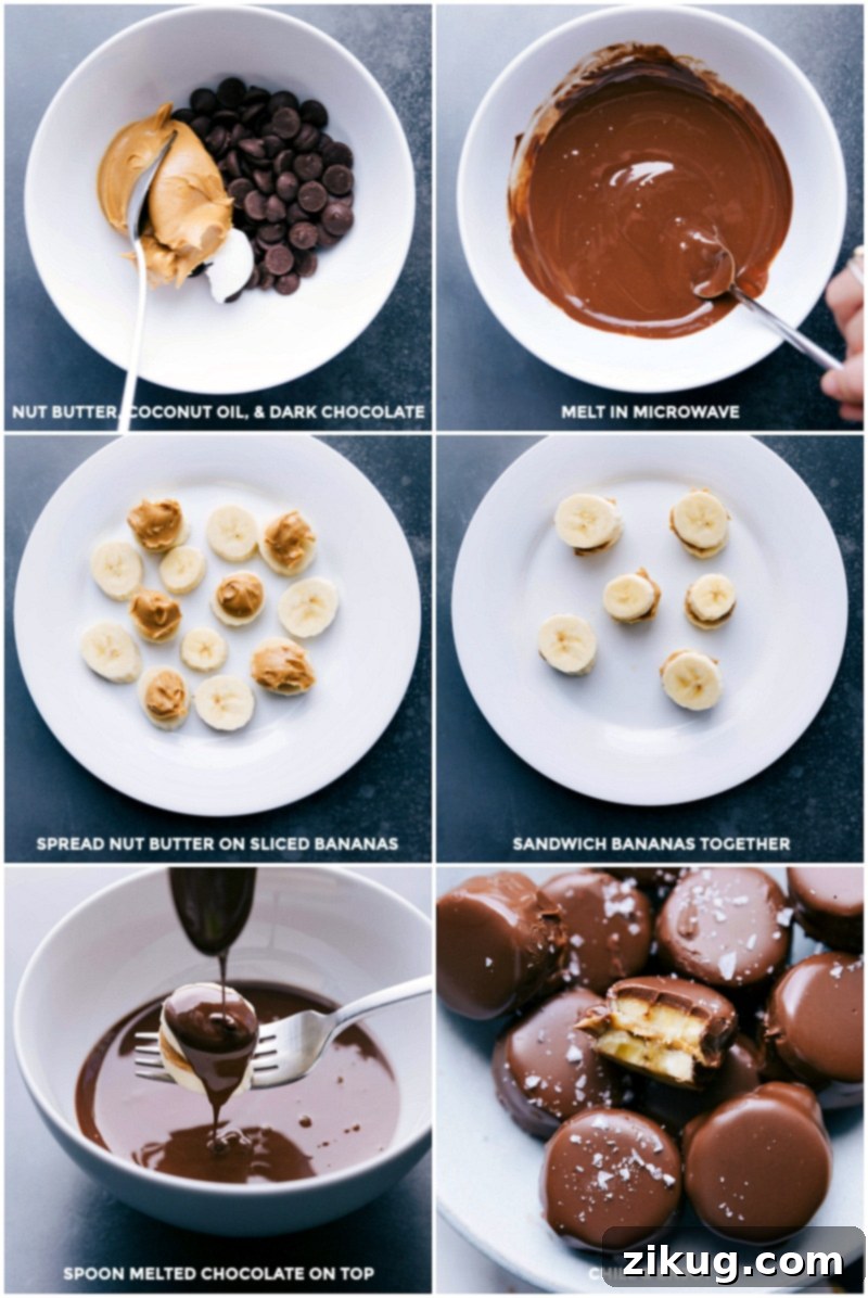Chocolate-Covered Banana Bites: A Fun and Easy Recipe for Kids and Adults. Step-by-step images showing melted chocolate, peanut butter spread on bananas, and bananas being dipped in chocolate.