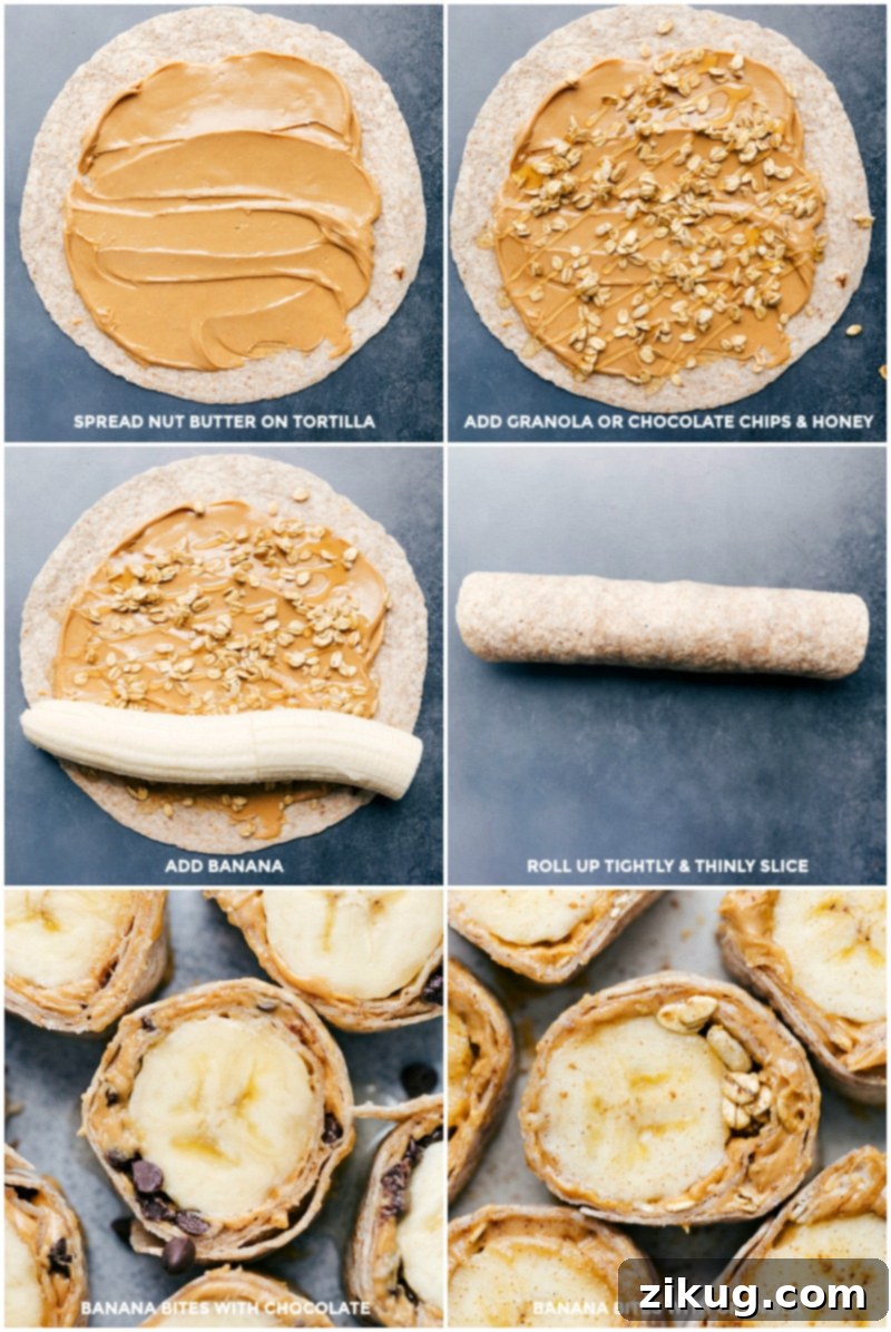 Step-by-step Guide to Making Delicious and Fun Banana Sushi Bites. Process shots showing peanut butter, granola, honey, and chocolate chips being spread on tortillas, followed by a banana being placed, rolled, and sliced.