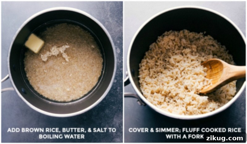 Process shot showing a pot of brown rice cooking, preparing the wholesome base for the Harvest Bowl.