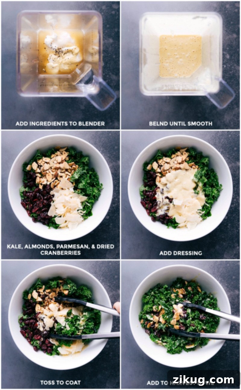 Process shots illustrating the steps to make the kale salad dressing, assembling ingredients, adding dressing, and tossing to coat for the Harvest Bowl.