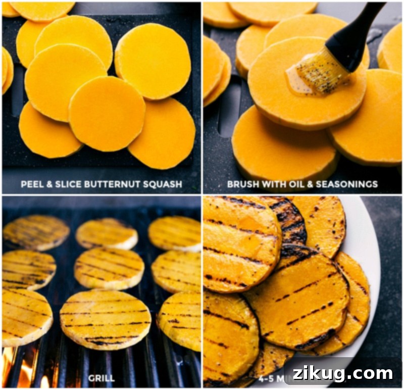 Process shots showing butternut squash being prepped, oiled, and grilled to perfection for the Harvest Bowl.
