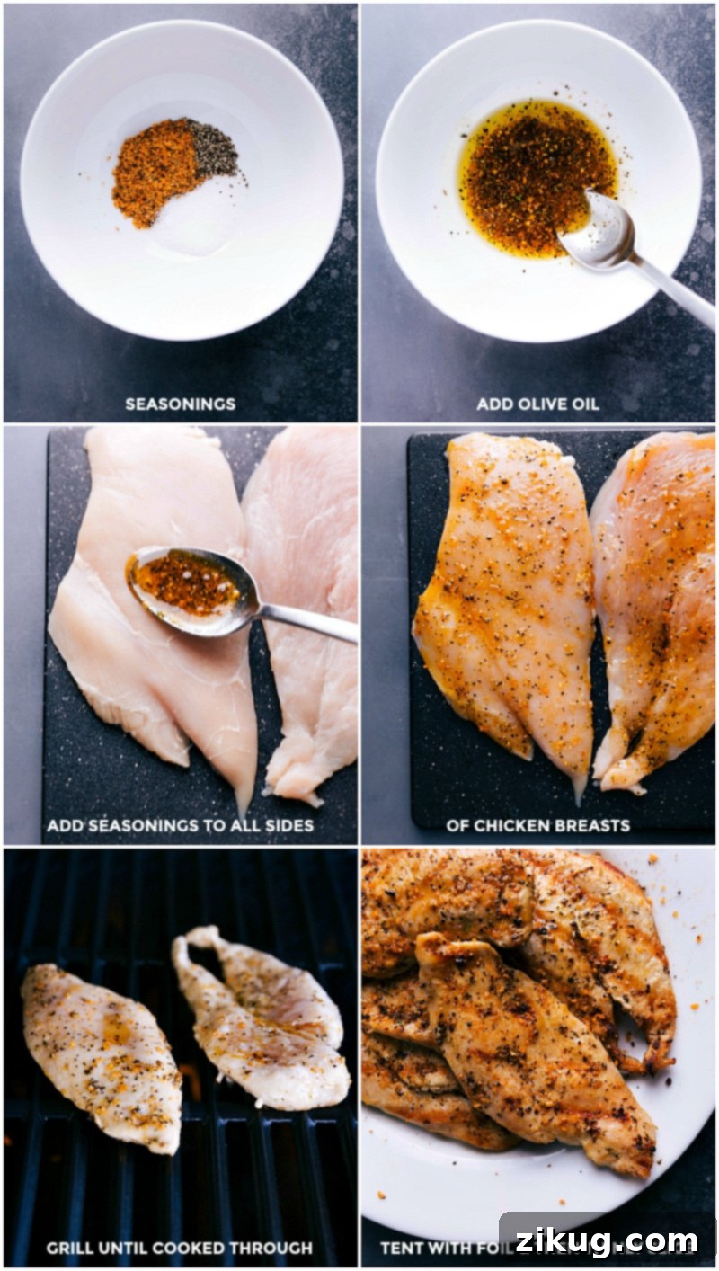 Process shots showing seasoning chicken, oiling, grilling, and resting before slicing for the Harvest Bowl.