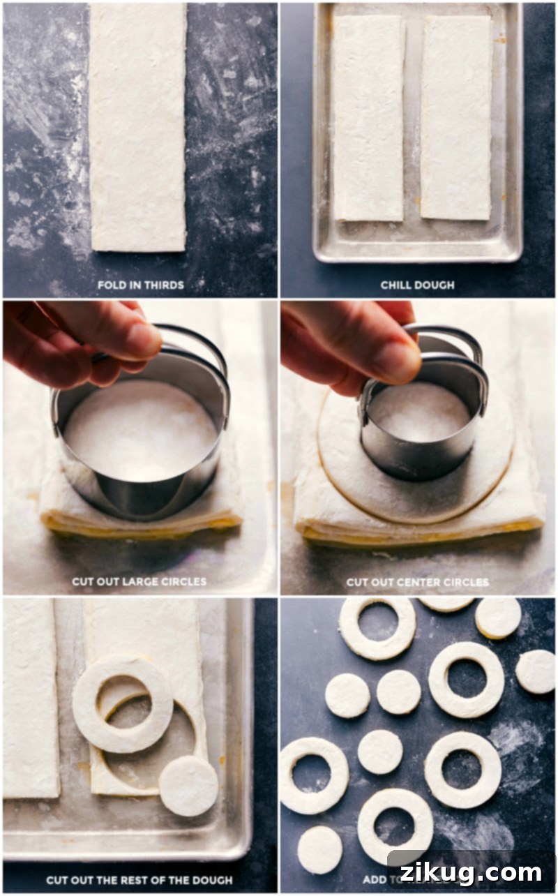 Folding puff pastry into thirds, chilling, cutting into circles, and frying in hot oil.