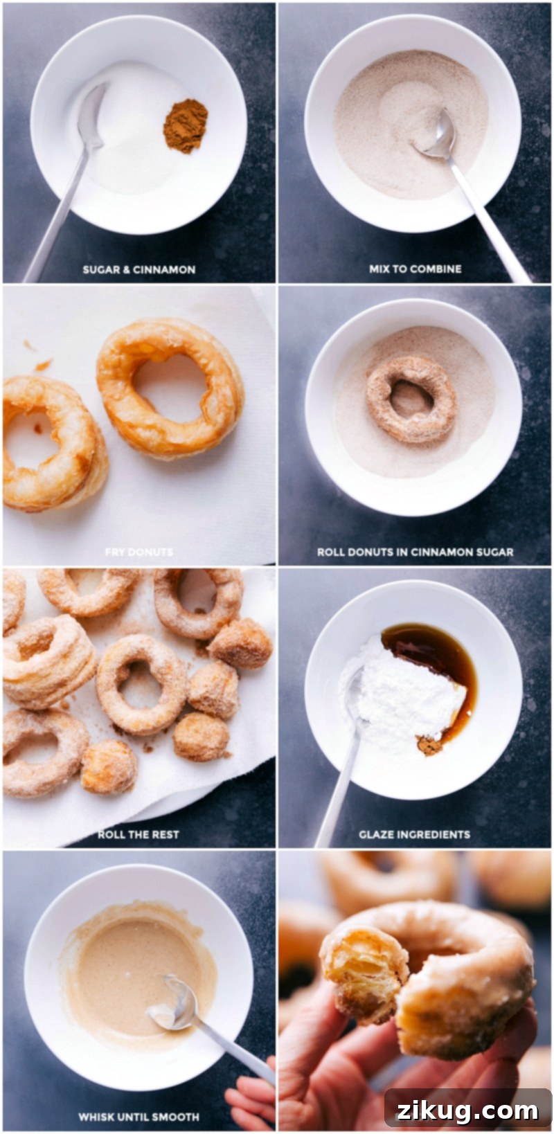 Frying pastry, rolling in cinnamon-sugar, and drizzling the cronuts with a delicious glaze.