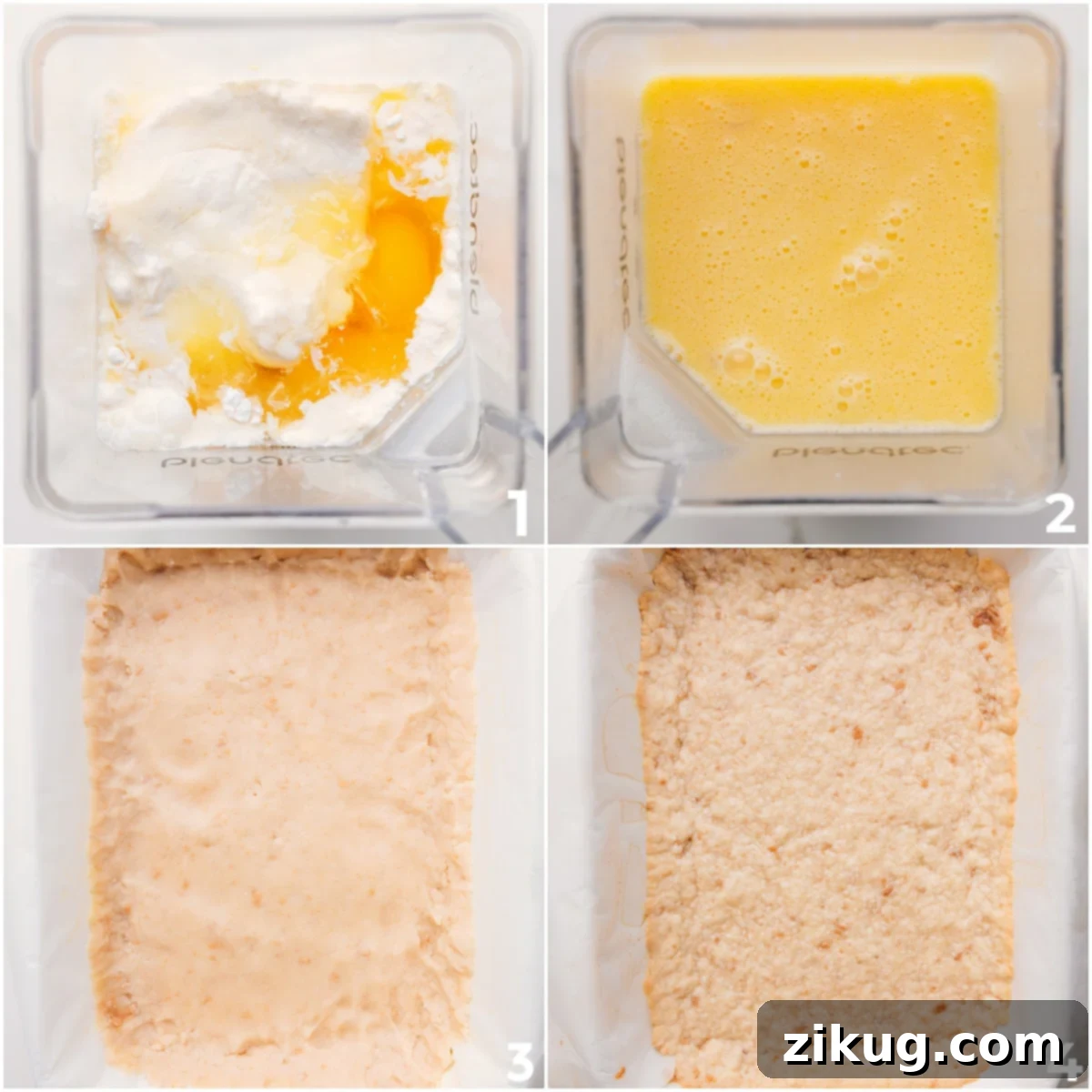 Lemon filling ingredients being blended in a blender, with a golden shortbread crust already baking in a pan in the background, ready for the filling.