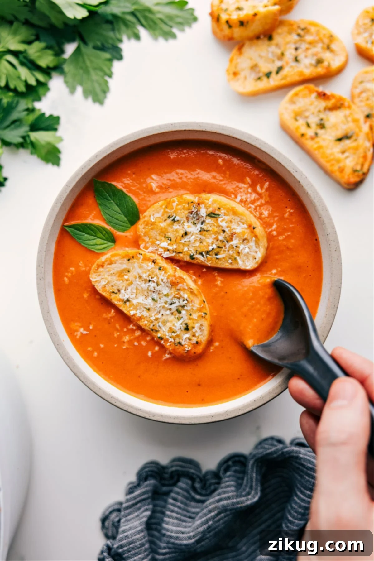 Easy Creamy Tomato Soup Recipe A beautiful bowl of easy tomato soup, perfectly creamy and topped with a golden-brown toasted baguette slice, ready to be enjoyed.