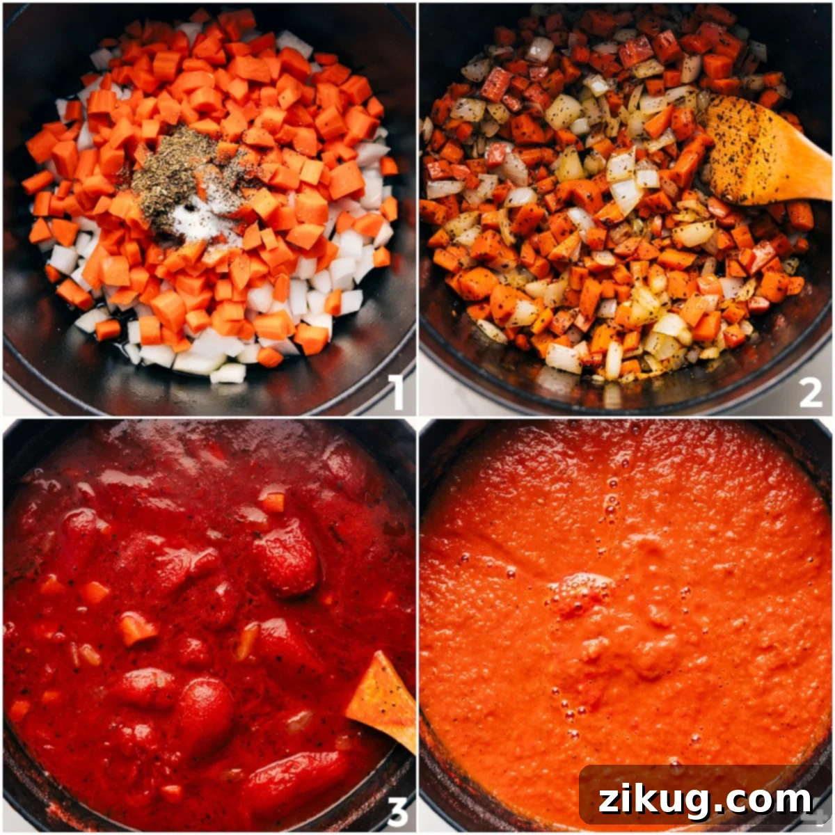 Simple Steps To Make Tomato Soup Recipe Step-by-step process of making this tomato soup recipe: sautéing vegetables, adding tomatoes, simmering, and finally blending for a smooth, creamy finish.