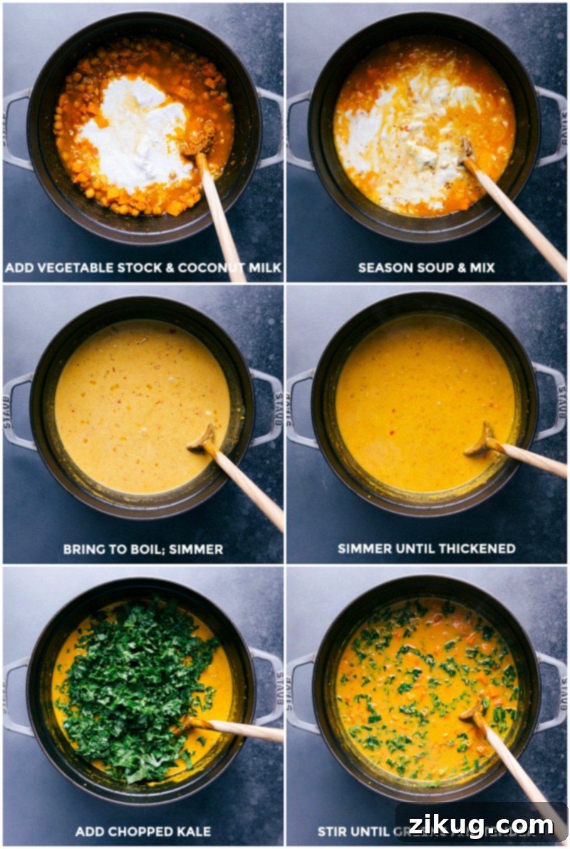 Adding Vegetable Stock and Coconut Milk; Seasoning and Bringing to a Boil; Simmering Until Thickened; Adding Kale and Stirring Until Tender A step-by-step visual of the soup-making process: first, nourishing vegetable stock and rich coconut milk are poured into the pan, followed by careful seasoning; then the mixture is brought to a gentle boil and simmered until wonderfully thickened to a perfect consistency; finally, fresh, thinly sliced kale is added and stirred until perfectly tender, making the soup vibrant and ready to be served.
