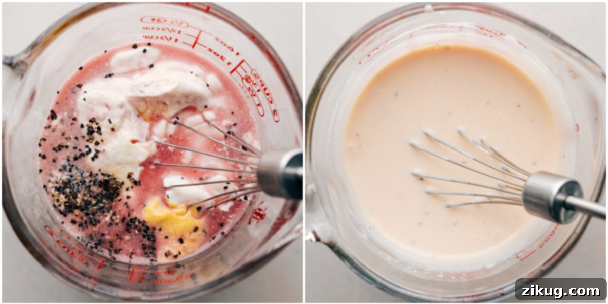 Crafting the Perfect Dressing for Broccoli Salad A close-up of the creamy, tangy dressing being expertly whisked together in a bowl for the broccoli salad.