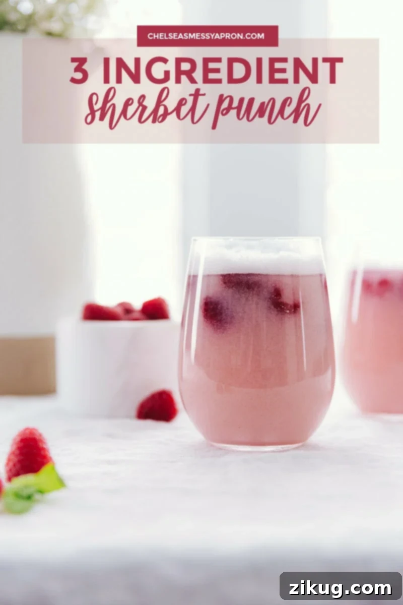 Photo of two glasses of Sherbet Punch with raspberry garnishes, highlighting its festive appeal.