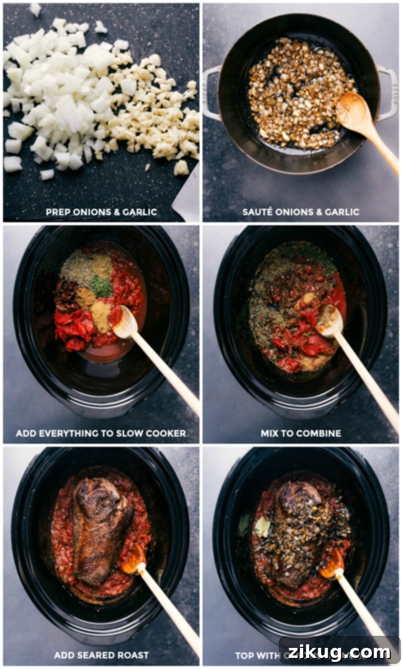 Prepping and Combining Ingredients Prepping onion and garlic; sautéing in a pan; adding all ingredients to the slow cooker; mixing to combine; adding seared meat; topping with onions and garlic.