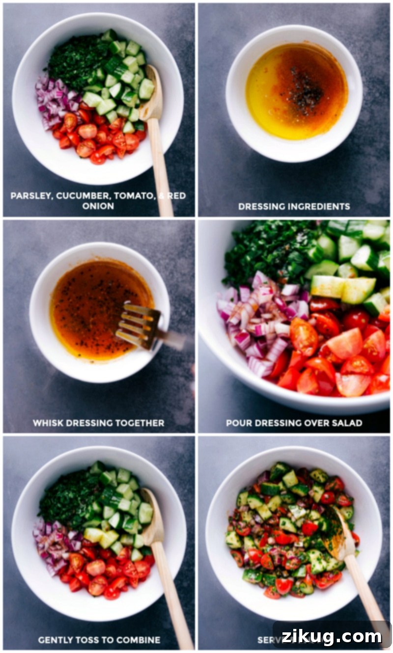 Combining vegetables for the Israeli salad recipe; making the dressing; pouring dressing over salad; tossing to combine.