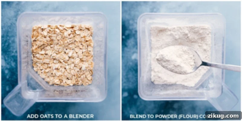 Homemade oat flour made from regular oats in a blender, a key ingredient for healthy and wholesome oatmeal chocolate chip cookies. Step-by-step process of making oat flour using a blender for healthy oatmeal chocolate chip cookies.
