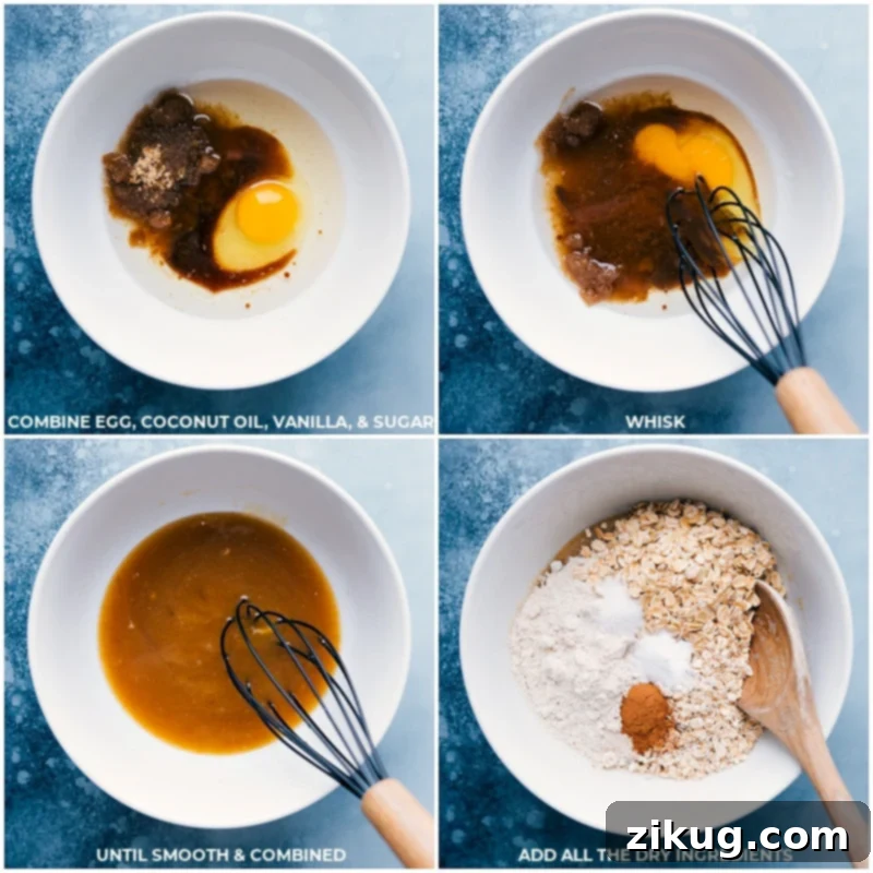Mixing the wholesome ingredients in one bowl for an easy and delicious batch of healthy oatmeal chocolate chip cookies. Process shots of whisking liquid ingredients and then adding and stirring dry ingredients for healthy oatmeal chocolate chip cookies.