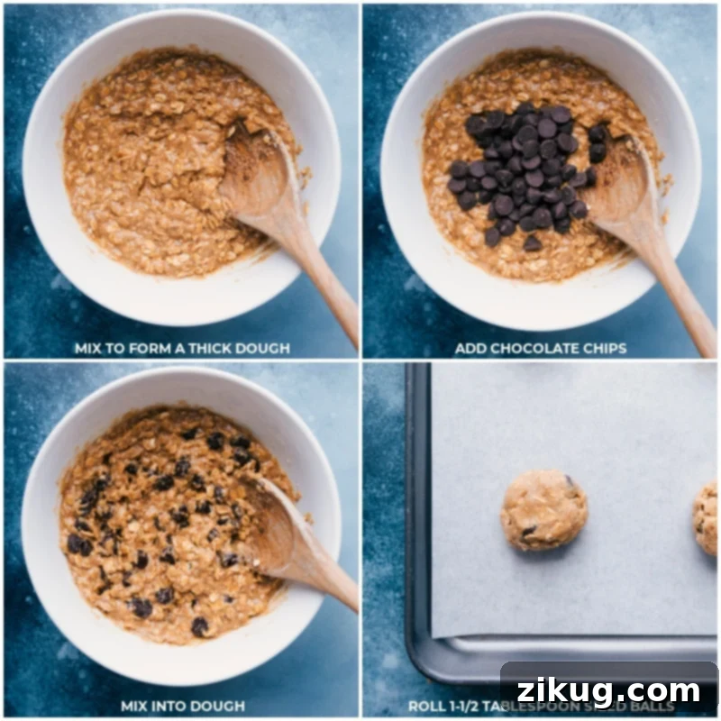 Preparing the dough, adding dark chocolate chips, and shaping perfect cookie balls for baking healthy oatmeal chocolate chip cookies. Various stages of preparing healthy oatmeal chocolate chip cookies: mixing dough, adding chips, rolling balls, and ready for baking.