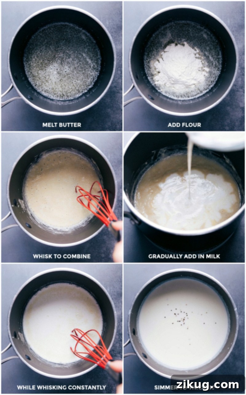 There's nothing like enjoying this Potato Broccoli Cheese Soup on a cold day in a crusty sourdough bread bowl or with dinner rolls to dip in it! Process shots showing the preparation of the creamy base for Potato Broccoli Cheese Soup, highlighting the roux development and milk incorporation.