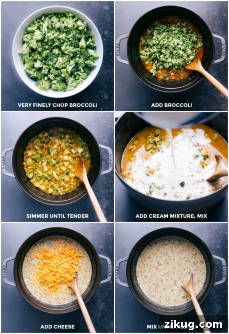 This creamy, hearty Broccoli Potato Soup is loaded with crisp tender broccoli, golden buttery potatoes, and other veggies. The perfect winter comfort food! Process shots demonstrating the addition of broccoli, the cream mixture, and finally, shredded cheese being stirred into the hearty Potato Broccoli Cheese Soup.