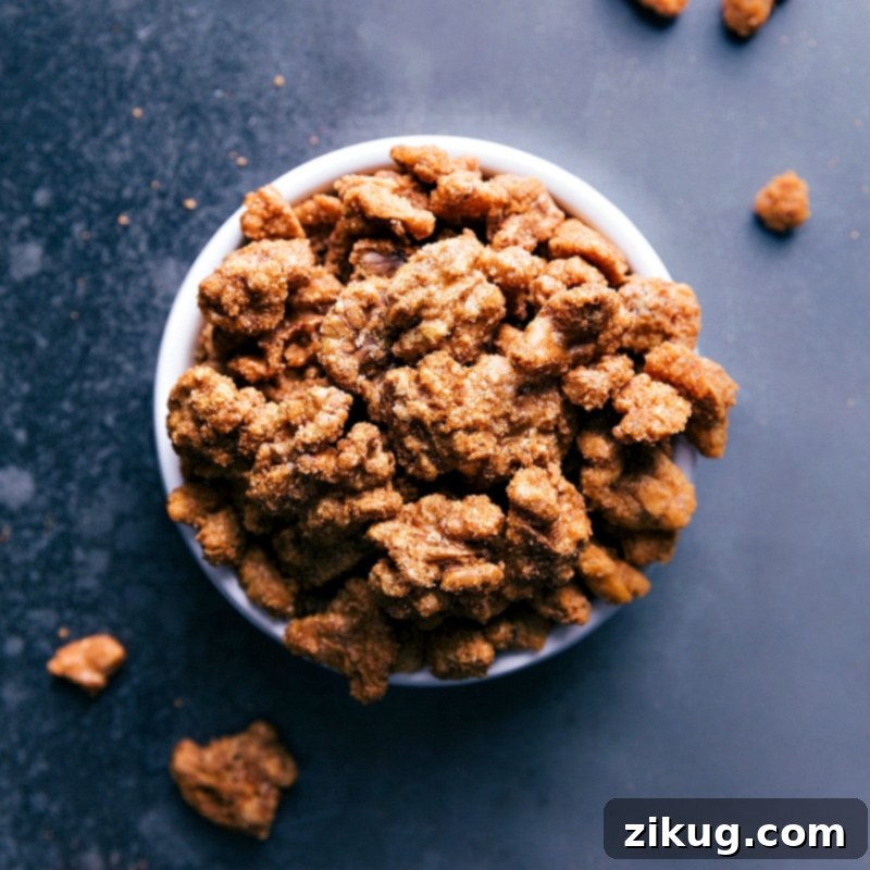 A rustic bowl filled to the brim with sweet candied walnuts, offering a perfect crunch and flavor as a snack or salad topping.